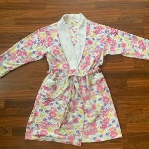 Talbots Floral Boho Cotton Robe Womens S Grannycore Pink Belted Pockets CA 23147